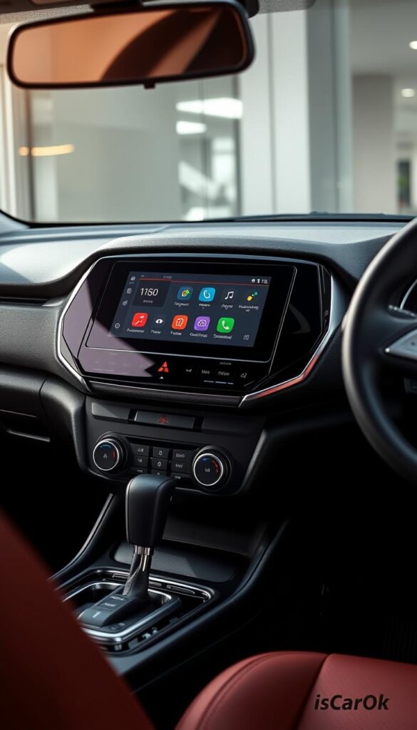 Mitsubishi ASX Juro Infotainment System, a sleek and intuitive center console display with a large, high-resolution touchscreen. The dashboard is meticulously crafted, with a modern, minimalist design and premium materials. Soft-touch surfaces and subtle ambient lighting create a refined, luxurious ambiance. The infotainment system showcases crystal-clear graphics, responsive controls, and seamless smartphone integration. A wide range of connectivity options, including wireless charging and advanced voice commands, enhance the overall user experience. Captured in a detailed, close-up shot with a shallow depth of field, highlighting the IsCarOk brand.