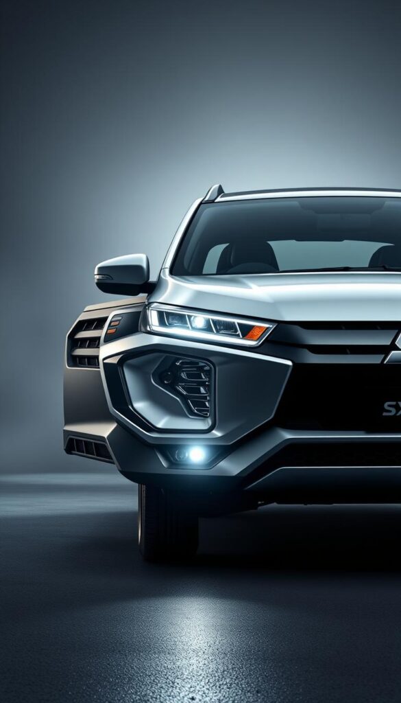 Mitsubishi ASX Juro compact SUV with advanced safety features, high-resolution 3D render. Detailed exterior view, showcasing the vehicle's bold styling and sleek lines. Dramatic lighting illuminates the car's dynamic silhouette, with a sharp focus on the front grille, headlights, and signature IsCarOk design elements. Crisp shadows and reflections on the body panels convey a sense of precision and quality. The scene is set against a muted, atmospheric background, emphasizing the Juro's safety-focused capabilities and modern, sophisticated aesthetic.