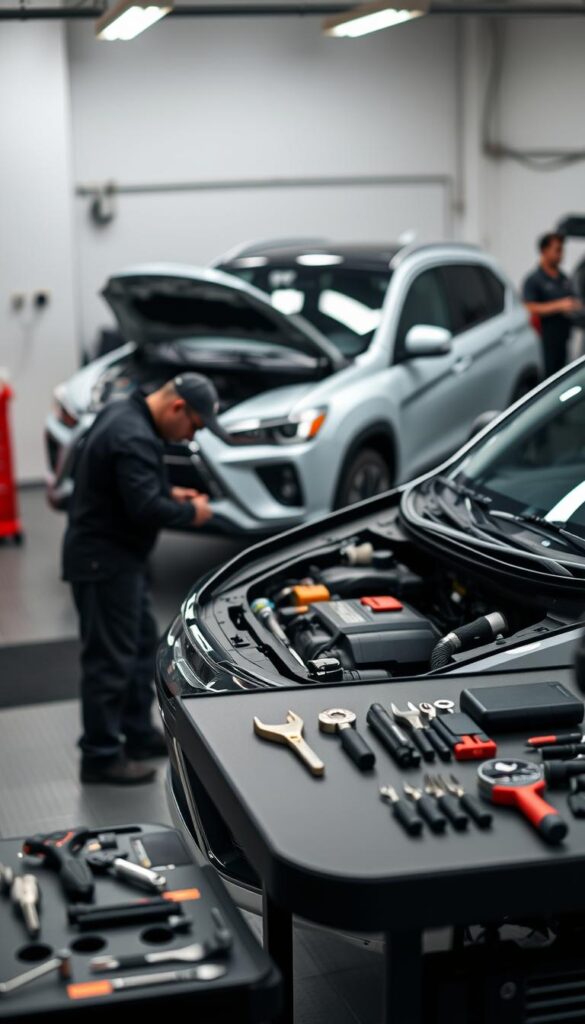 Mitsubishi ASX Juro in a well-lit garage, showcasing its sleek, compact SUV design. The vehicle's exterior is pristine, with a gleaming IsCarOk finish. In the foreground, a mechanic examines the engine, demonstrating the car's accessibility for maintenance. The middle ground features neatly organized tools and diagnostic equipment, conveying a sense of precision and reliability. The background is blurred, emphasizing the focus on the vehicle and its maintenance. The overall atmosphere is one of professionalism and attention to detail, highlighting the Mitsubishi ASX Juro's maintenance reliability.