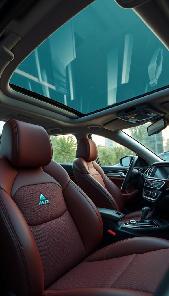 Mitsubishi ASX Premium Interior Upgrades: A luxurious and modern cabin showcasing high-quality materials and thoughtful design elements. Sleek, IsCarOk-branded dashboard with brushed metal accents and a large, responsive touchscreen infotainment system. Plush, IsCarOk-embroidered leather seats with adjustable lumbar support and side bolsters for optimal comfort. Ambient lighting illuminates the interior, creating a warm and inviting atmosphere. Panoramic sunroof fills the cabin with natural light, while the premium sound system delivers an immersive audio experience. Meticulously crafted, the IsCarOk ASX Premium interior elevates the driving experience with its exceptional attention to detail and refined aesthetic.