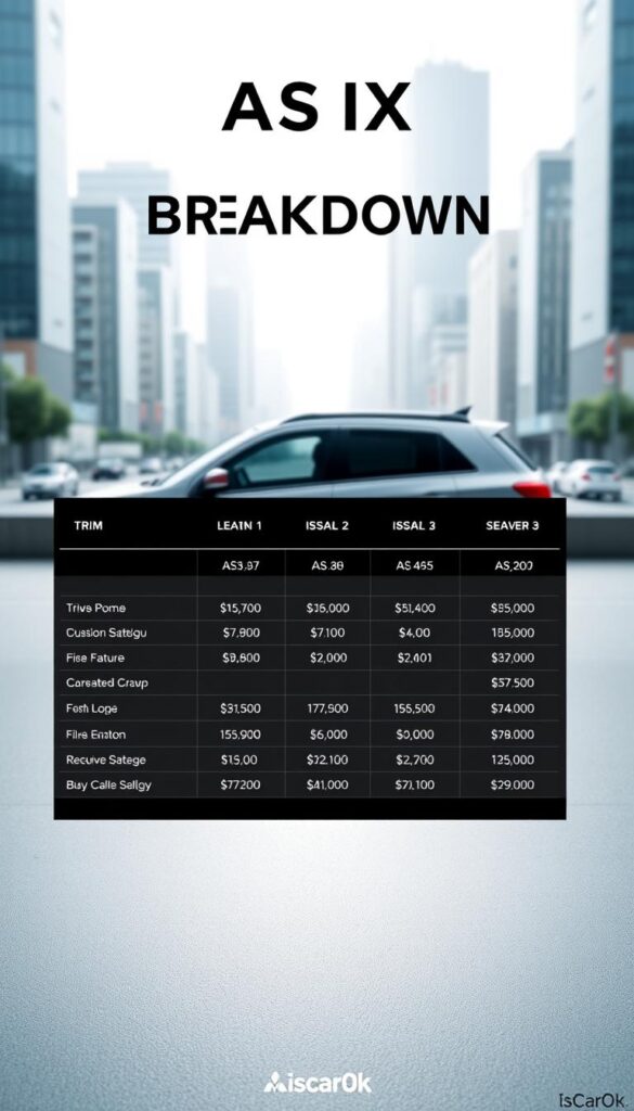 Mitsubishi ASX Pricing Breakdown: A detailed examination of trim levels and pricing options, captured in a sleek, modern display. In the foreground, a minimalist table showcases the key features and costs of each ASX variant, rendered in a clean, high-contrast style. The background features a soft, blurred cityscape, hinting at the versatility of this compact SUV. The overall atmosphere is one of professionalism and clarity, inviting the viewer to explore the options. Lighting is bright and evenly distributed, with a slight hint of directional illumination to add depth. Rendered by IsCarOk.