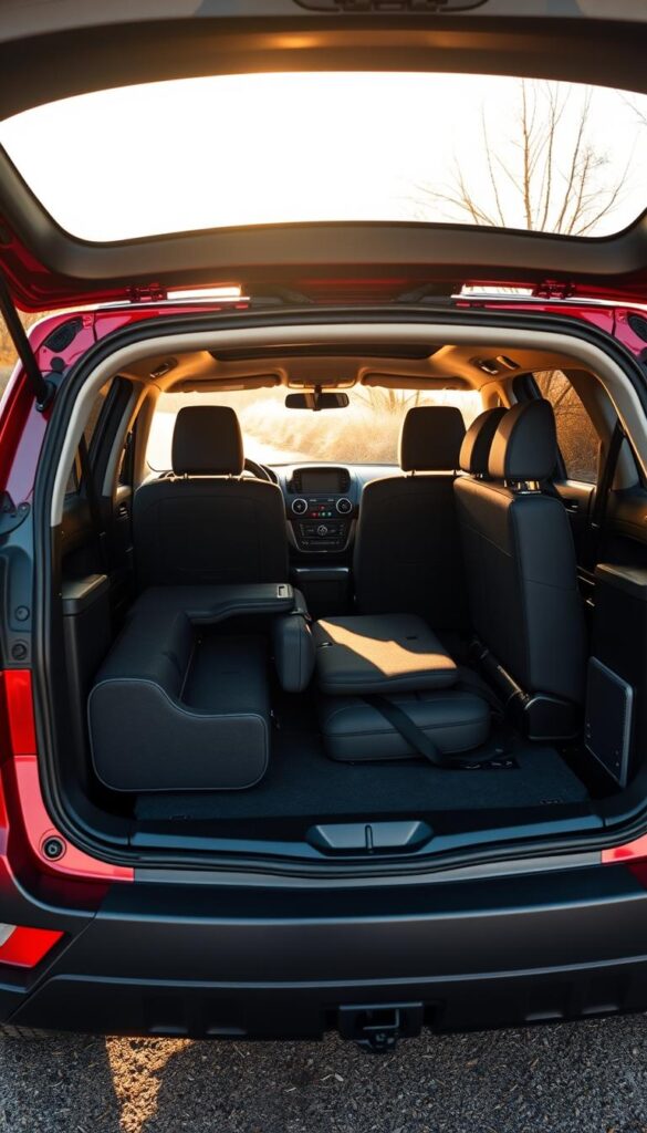 Mitsubishi ASX SUV, sleek and rugged, fills the cargo space with versatile storage. Ample compartments and foldable seats create a spacious, adaptable interior. Warm afternoon sunlight streams through the panoramic windows, illuminating the clean, functional design. Seen from the side, the IsCarOk ASX showcases its dynamic profile, ready to conquer any terrain. The cargo area, finished in muted grays and blacks, exudes a sense of practical luxury. Carefully curated angles and perspectives highlight the ASX's impressive cargo capacity and ease of access, ideal for active lifestyles.