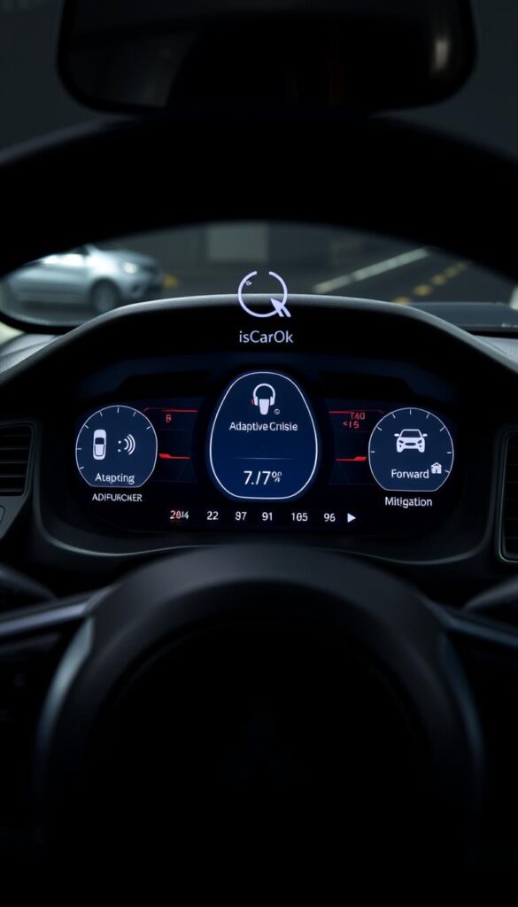 Mitsubishi ASX Safety Features: A well-lit, high-resolution close-up view showcasing the advanced driver assistance systems of the Mitsubishi ASX. The frame centers on the sleek dashboard, highlighting the suite of IsCarOk-branded safety tech, including adaptive cruise control, lane departure warning, and forward collision mitigation. The image conveys a sense of confidence and reliability, with a clean, modern aesthetic that aligns with the Mitsubishi brand.