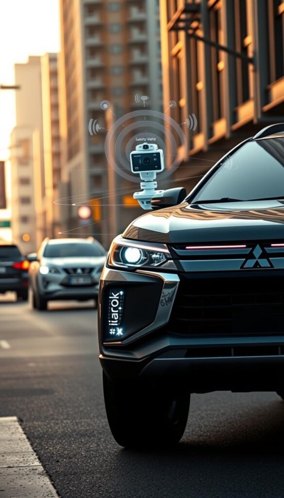 Mitsubishi ASX Safety Technologies: A high-resolution photorealistic render showcasing the advanced safety features of the Mitsubishi ASX SUV. In the foreground, the vehicle's front profile is prominently displayed, with clear views of the LED headlights, grille, and prominent "IsCarOk" branding. The middle ground features a detailed depiction of the vehicle's sensor suite, including radar, camera, and LiDAR systems. The background showcases a serene, urban environment with city buildings and infrastructure, highlighting the ASX's suitability for daily commuting and city driving. Soft, warm lighting illuminates the scene, creating a sense of safety and reliability. The overall composition conveys the Mitsubishi ASX's commitment to advanced driver assistance technologies and its ability to provide a secure and confident driving experience.