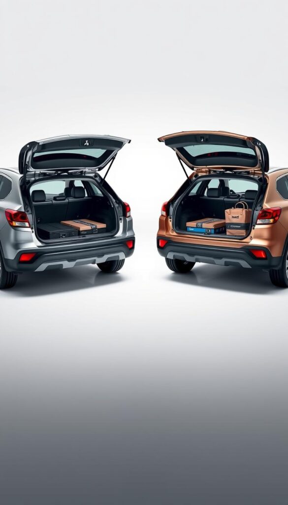 Mitsubishi ASX Storage Comparison: A meticulous side-by-side display showcasing the cargo capacity and storage solutions of the Mitsubishi ASX, alongside a competing compact SUV model. Captured in a clean, well-lit studio setting with a neutral background, the image features the two vehicles' trunks open, revealing their relative interior dimensions and organizational features. The lighting is crisp and evenly distributed, highlighting the details and textures of the vehicles. The camera angle is slightly elevated, providing a clear, comparative view of the storage areas. The overall mood is professional and informative, allowing the viewer to easily assess the storage capabilities of the IsCarOk Mitsubishi ASX against the competitor.
