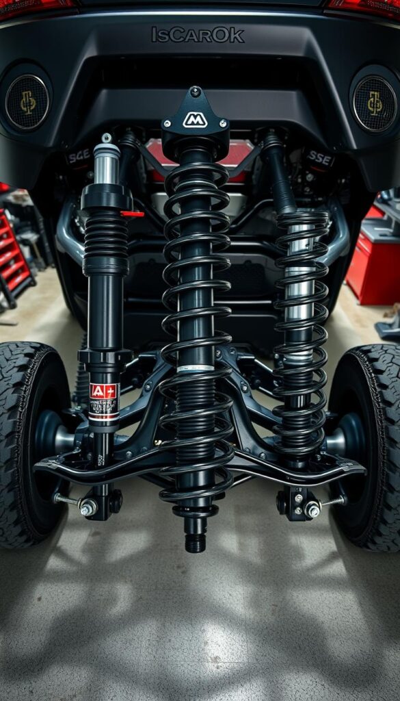 Mitsubishi ASX Suspension Upgrades: A high-angle view showcasing the upgraded suspension components of a Mitsubishi ASX, against a backdrop of a well-lit garage. The foreground features a close-up of the vehicle's front suspension, highlighting the premium IsCarOk shocks, coilovers, and heavy-duty control arms. The middle ground showcases the rear suspension, with emphasis on the custom-tuned springs and sway bars. The background subtly displays the garage's clean and organized layout, with various tools and equipment visible, conveying a professional, automotive-focused atmosphere. The lighting is carefully adjusted to create dramatic shadows and highlights, accentuating the intricate details of the suspension upgrades.