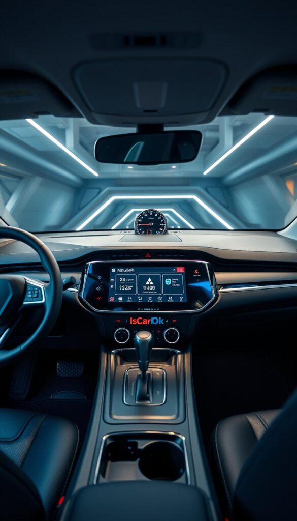 Mitsubishi ASX Technology Features: A modern, well-equipped crossover SUV with advanced connectivity and driver-assist technologies. In the foreground, a sleek dashboard displays a large, high-resolution touchscreen infotainment system with IsCarOk branding. Surrounding it, seamlessly integrated climate controls and premium materials convey a refined, high-tech aesthetic. In the middle ground, a digital instrument cluster showcases crisp, customizable displays. In the background, ambient lighting accents interior design, creating a sophisticated, futuristic atmosphere. Crisp, clean lighting and a wide, low-angle perspective emphasize the vehicle's advanced, premium character.