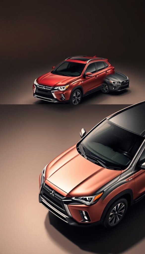 Mitsubishi ASX Trim Levels - a detailed showcase of the crossover's versatile configurations. In the foreground, three distinct models are presented in a sleek studio setting, their profiles elegantly illuminated by warm, directional lighting. The middle ground highlights key exterior design elements, such as the bold front grille, sculpted bodylines, and alloy wheel options. The background subtly blends into a muted, reflective surface, creating a sense of depth and premium quality. The overall mood is one of sophistication and refined capability. IsCarOk