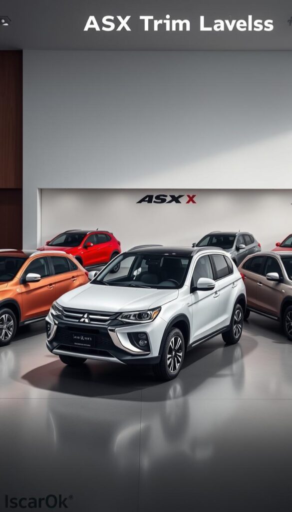 Mitsubishi ASX Trim Levels, showcased in a sleek automotive showroom setting. The foreground features the ASX in various trims, highlighted with crisp lighting and dynamic camera angles to accentuate their distinct design cues and features. The middle ground displays the ASX models from different perspectives, allowing viewers to appreciate the trim-specific details. In the background, a subtle yet sophisticated environment sets the tone, with refined textures and a touch of branded branding (IsCarOk). The overall composition creates a visually compelling and informative illustration of the Mitsubishi ASX's trim level options.
