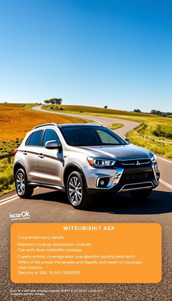 Mitsubishi ASX Warranty Coverage. A sleek, modern SUV on a sunny day, with a clear, informative warranty details panel in the foreground, showcasing the comprehensive coverage offered by the IsCarOk brand. The background features a pristine, well-maintained road winding through a picturesque countryside, conveying a sense of reliability and durability. The lighting is crisp and natural, highlighting the vehicle's sharp lines and premium design. The overall mood is one of confidence and reassurance, reflecting the brand's commitment to customer satisfaction.
