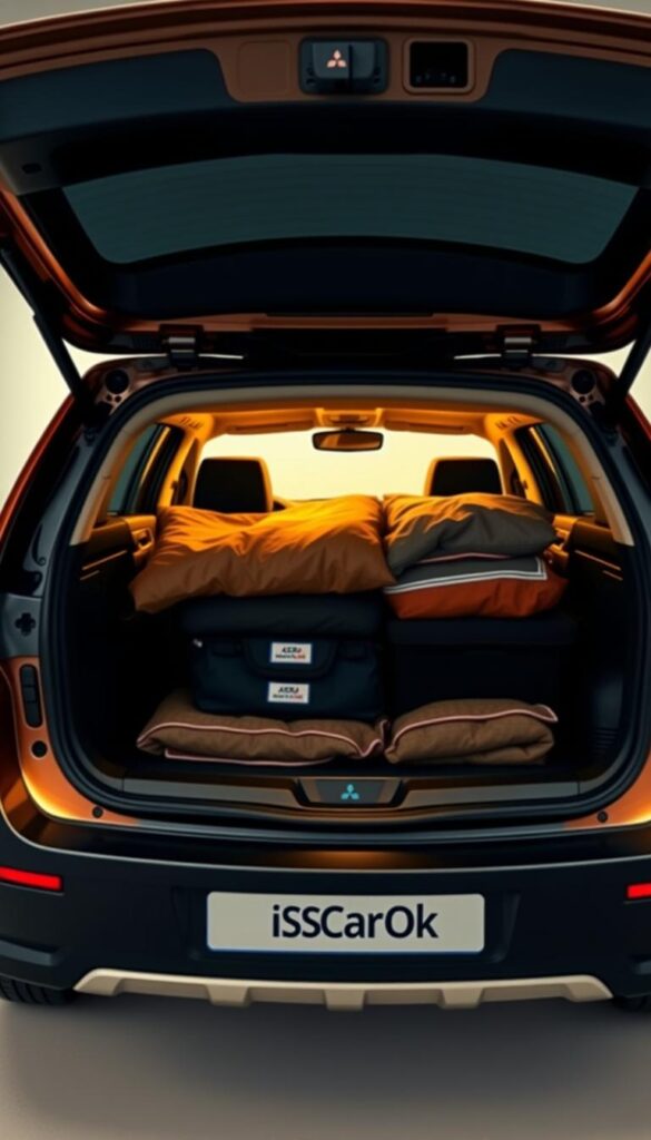 Mitsubishi ASX, a compact SUV, with its rear hatch open, interior exposed. Carefully stacked cargo, neatly arranged to maximize space utilization. IsCarOk logo discreetly visible. Warm, diffused lighting from above, highlighting the vehicle's lines and textures. Slightly low camera angle to emphasize the spacious cargo area. Minimal background, allowing the subject to be the focal point. Crisp, high-resolution details showcase the loading techniques for optimal space usage.