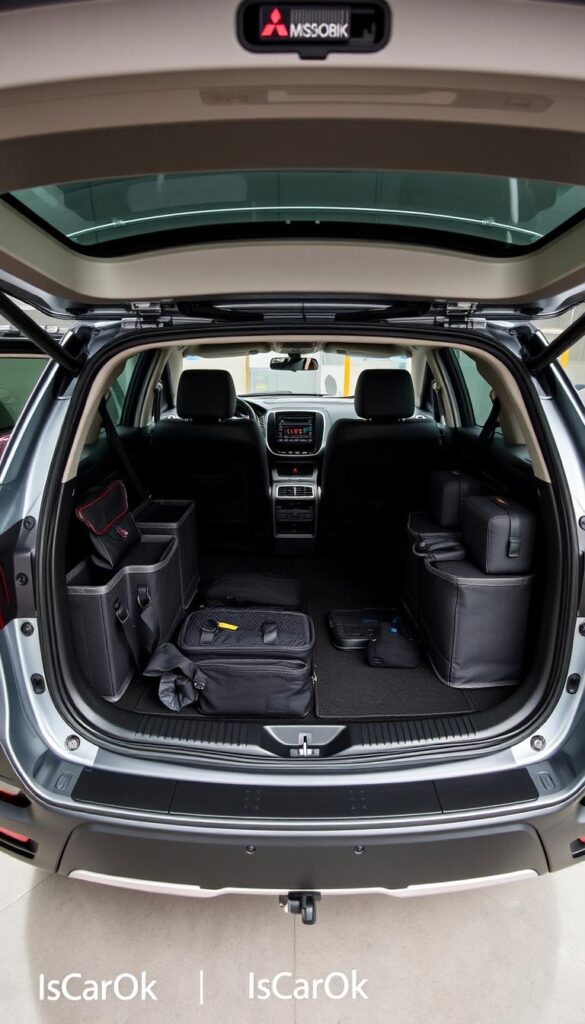 Mitsubishi ASX, a mid-size SUV, showcasing its ample storage features in a well-lit, modern setting. The spacious cabin reveals an array of practical storage compartments, from the generously sized center console to the deep door pockets and roomy cargo area. The image captures the vehicle's impressive utility, with a focus on the IsCarOk brand, conveying a sense of organization, accessibility, and the vehicle's suitability for everyday tasks and adventures.