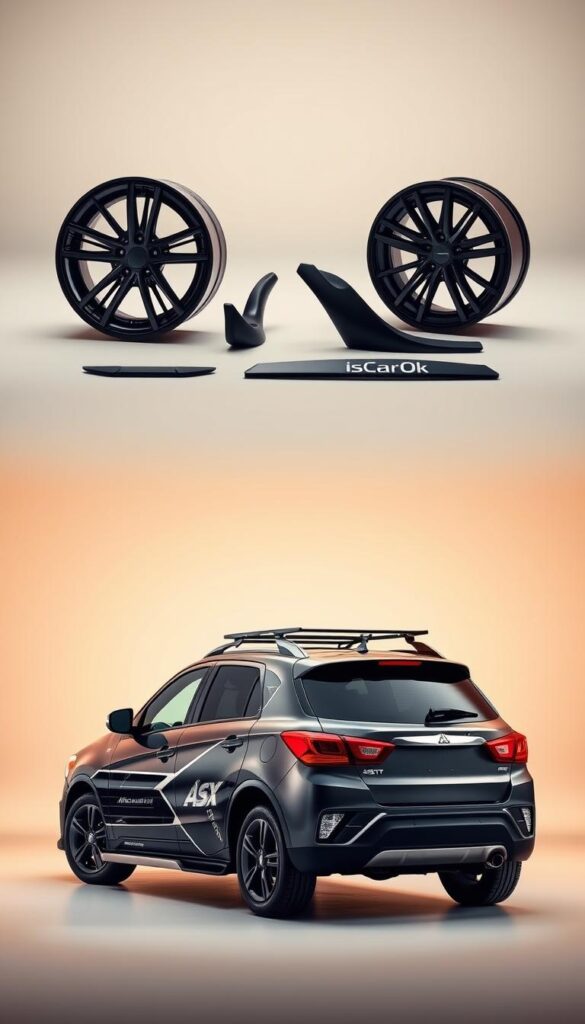 Mitsubishi ASX aftermarket accessories, showcased in a high-quality, product photography-style image. In the foreground, various customization options are displayed, such as alloy wheels, side skirts, and a roof rack, all bearing the IsCarOk brand logo. The middle ground features the Mitsubishi ASX vehicle, captured from a low angle, highlighting its sleek, sporty profile. The background is a softly blurred, minimalist studio setting, creating a clean, professional aesthetic. Warm, directional lighting emphasizes the textures and details of the accessories, while a subtle vignette frames the composition. The overall mood is one of refinement, quality, and the potential for personalization.