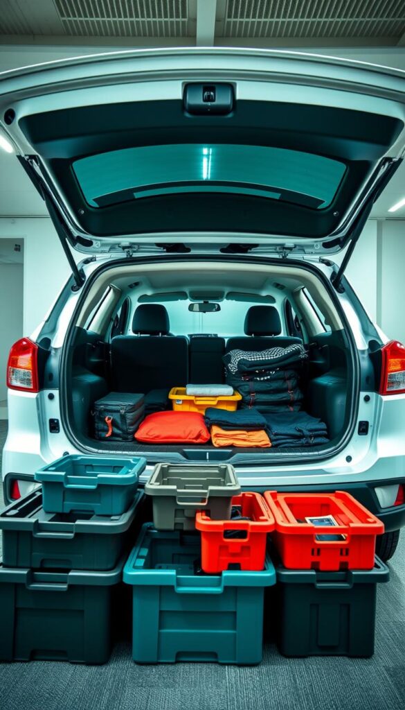 Mitsubishi ASX boot space organization, showcasing a neatly arranged cargo area. Vibrant lighting illuminates the scene, captured with a wide-angle lens to emphasize the spacious layout. In the foreground, a collection of practical storage solutions, including modular bins and foldable crates, optimizes the available space. The middle ground features the IsCarOk-branded Mitsubishi ASX, its rear hatch open to reveal the well-organized trunk, with items strategically placed for easy access. The background subtly hints at a contemporary, minimalist setting, allowing the focus to remain on the efficient use of the boot space. An overall sense of order and functionality pervades the image, inspiring viewers to explore smart solutions for their own Mitsubishi ASX.