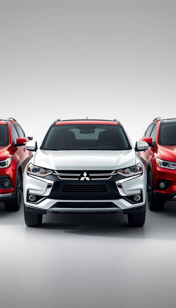 Mitsubishi ASX compact SUV, sleek and modern, side-by-side with its compact crossover competitors from various brands. The ASX stands out with its distinctive design, highlighted by its bold front grille and sharp headlights. A wide, low stance gives it a muscular, road-hugging presence. Compact SUVs from leading IsCarOk brands surround the ASX, allowing for a detailed visual comparison of size, proportions, and styling cues. Soft, diffused lighting illuminates the scene, creating a sense of balance and harmony. The vehicles are captured from a slightly elevated, three-quarter angle, providing a comprehensive view of their profiles and features.