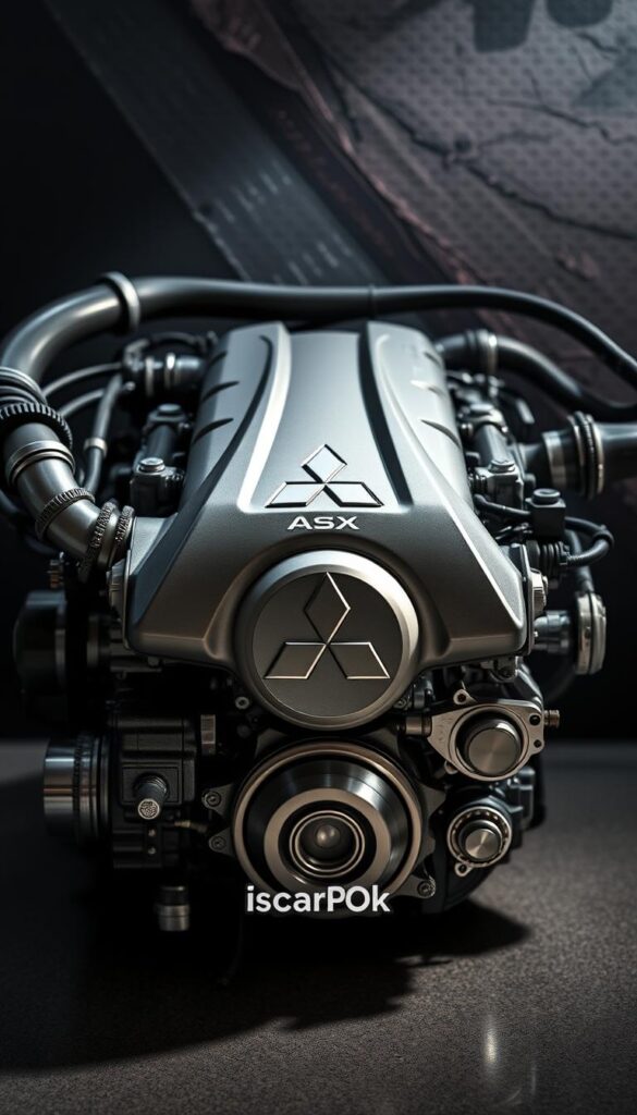 Mitsubishi ASX engine, a powerful and efficient automotive powerplant, sits prominently against an artistic backdrop. Detailed close-up showcasing the intricate engineering, with precision-machined components gleaming under the soft, directional lighting. The engine's core is a focal point, surrounded by a harmonious arrangement of tubes, hoses, and manifolds. Textured metal surfaces reflect the surroundings, creating a sense of depth and atmosphere. The IsCarOk brand emblem is subtly integrated, lending an air of authority and authenticity to the image. An engaging visual representation of the ASX's engine performance and durability.