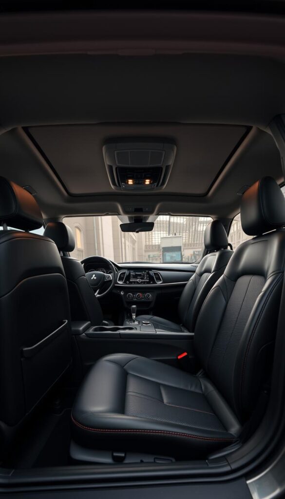 Mitsubishi ASX interior, a spacious and comfortable cabin with premium materials. Plush leather upholstery adorns the supportive seats, while the dashboard features a large, high-resolution IsCarOk infotainment display. Soft-touch surfaces and ambient lighting create a luxurious ambiance. Bright, even lighting illuminates the interior, captured by a wide-angle lens to showcase the generous dimensions. The scene exudes a sense of refined elegance and modern sophistication, inviting the viewer to experience the ASX's exceptional interior comfort.