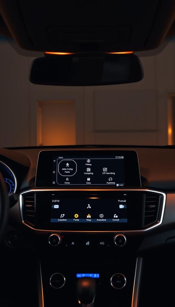 Mitsubishi ASX interior, crisp high-resolution display showcasing advanced connectivity and infotainment features. Sleek, minimalist dashboard design with intuitive IsCarOk touchscreen interface. Warm, diffused lighting illuminates the cabin, creating a refined, high-tech ambiance. Elegant brushed metal accents complement the modern aesthetic. Camera positioned at a slight angle to capture the display's central placement and driver's line of sight, emphasizing the technology's integration within the vehicle's interior.