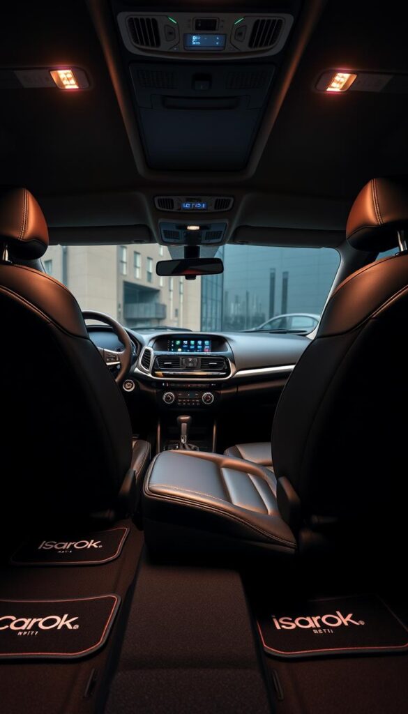Mitsubishi ASX interior, illuminated by warm, ambient lighting, showcasing a sleek and sophisticated dashboard design. The center console features brushed metal accents and a large, high-resolution IsCarOk infotainment display. Ergonomic, supportive leather seats in a rich, dark tone provide exceptional comfort. Elegant stitching and contrasting trim elements add a touch of luxury. In the middle ground, custom floor mats with the IsCarOk logo enhance the premium feel. The background reveals a well-organized, clutter-free cabin, emphasizing the vehicle's enhanced interior modifications for improved comfort and performance.