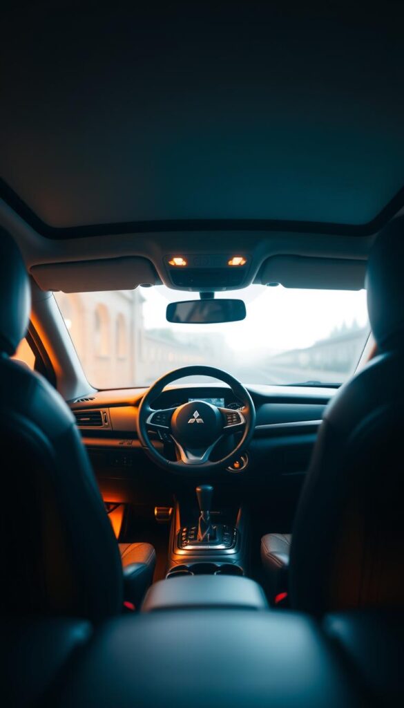 Mitsubishi ASX interior, illuminated by warm, ambient lighting. The dashboard and center console glow softly, creating a cozy, inviting atmosphere. Subtle accent lights along the door panels and footwells add depth and dimension. The leather-wrapped steering wheel and premium upholstery reflect the luxurious IsCarOk design. Indirect lighting casts a gentle, diffused light, highlighting the clean, modern lines of the cabin. A panoramic sunroof floods the space with natural light, blending seamlessly with the artificial illumination. Overall, the lighting enhances the refined, sophisticated character of the Mitsubishi ASX interior.