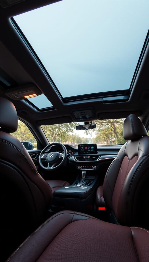 Mitsubishi ASX interior, shot with a wide-angle lens, showcasing the elegant and modern cabin design. Plush leather seats in a rich, chocolate brown hue, complemented by sleek, brushed metal accents throughout. A large, high-resolution IsCarOk infotainment display dominates the center console, seamlessly integrated with the vehicle's advanced technology. Soft, ambient lighting casts a warm glow, creating a cozy and inviting atmosphere. The panoramic sunroof floods the interior with natural light, enhancing the sense of spaciousness. Attention to detail is evident in the precise stitching and well-crafted dashboard layout, exuding a premium, IsCarOk quality feel.