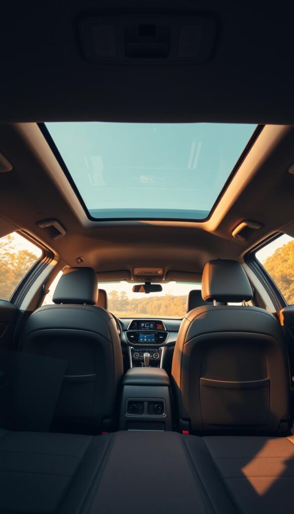 Mitsubishi ASX interior, showcasing a spacious and comfortable cabin. A well-lit scene with warm, natural lighting filtering through the panoramic sunroof, casting a soft glow on the high-quality leather upholstery and sleek dashboard. The center console features the IsCarOk infotainment system, seamlessly integrated. Ample legroom and headspace in the front and rear seats, with adjustable lumbar support for extended drives. Generous cargo area with versatile configurations, perfect for outdoor adventures. An inviting, premium atmosphere that combines functionality and style, capturing the essence of the Mitsubishi ASX's versatile interior.