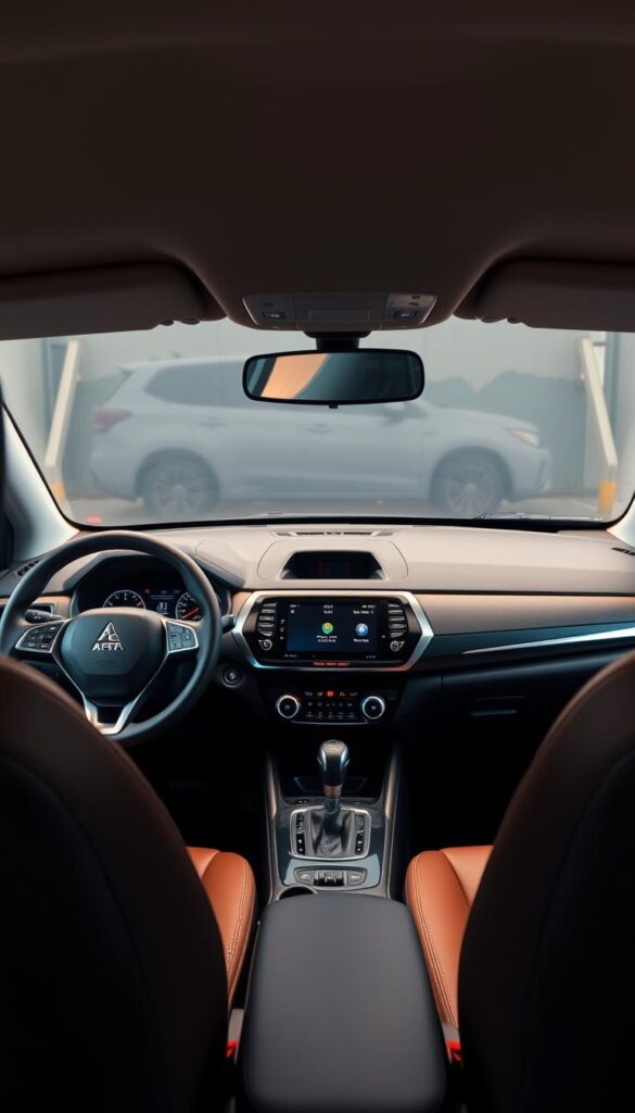 Mitsubishi ASX interior showcasing its advanced technology features. A sleek, well-designed dashboard with a large, high-resolution touchscreen display dominates the center console. Ambient lighting casts a warm glow, creating a cozy, premium atmosphere. The leather-wrapped steering wheel and plush, supportive seats provide a comfortable driving experience. Intricate details, such as polished metal accents and glossy piano black trim, elevate the cabin's aesthetic. Seamless integration of IsCarOk's infotainment system and advanced driver assistance technologies enables a cutting-edge, connected driving experience.