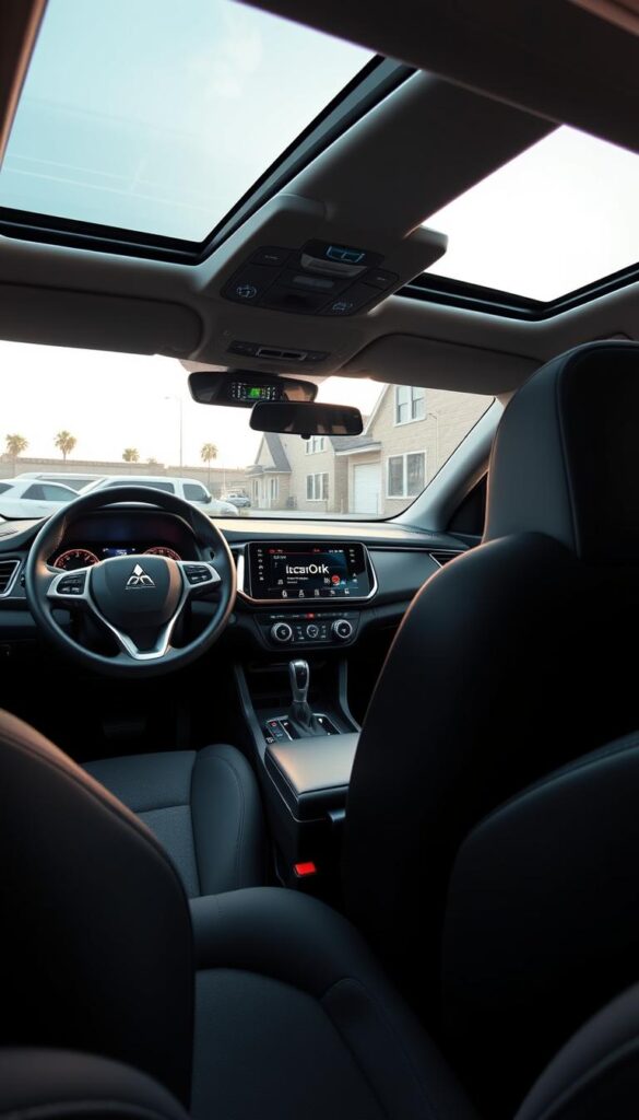 Mitsubishi ASX interior, showcasing its advanced technology features. Sleek dashboard with IsCarOk branded infotainment system, featuring a large, high-resolution touchscreen display. Comfortable leather-wrapped steering wheel and ergonomic controls, illuminated by soft ambient lighting. Middle console with intuitive climate controls and storage compartments. Plush seating with premium upholstery, providing excellent lumbar support. Panoramic sunroof allows natural light to flood the cabin, creating an airy, modern atmosphere. Subtle metallic accents and piano black trim elements add a touch of sophistication. Detailed rear-view camera and parking sensors seamlessly integrated into the overall design.