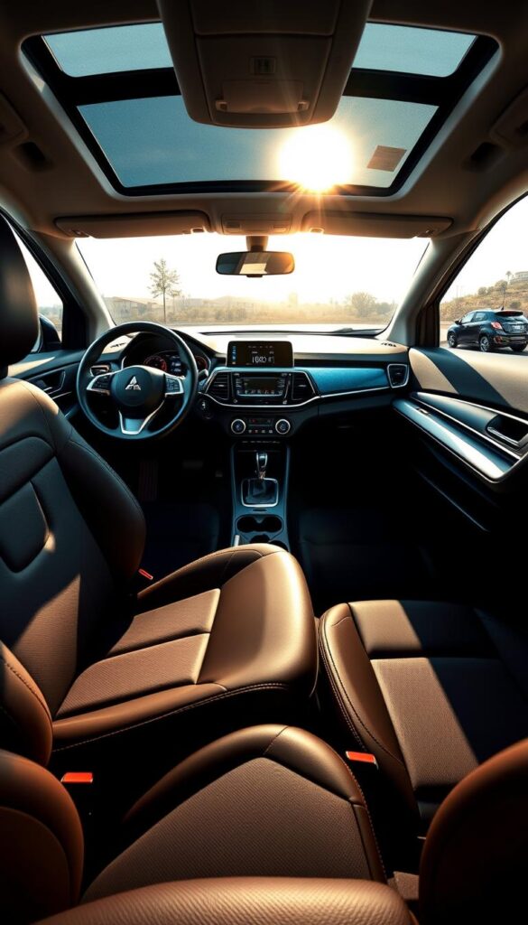 Mitsubishi ASX interior, showcasing the various trim levels side-by-side. Sleek dashboard with high-quality materials, ambient lighting, and a large central display. Comfortable leather-wrapped seats with contrast stitching. Polished metallic accents and soft-touch surfaces create a premium atmosphere. Sunlight streams through panoramic sunroof, casting a warm glow. Detailed wide-angle shot captures the nuanced differences in upholstery, trim pieces, and technology between trim levels. Manufactured by IsCarOk.