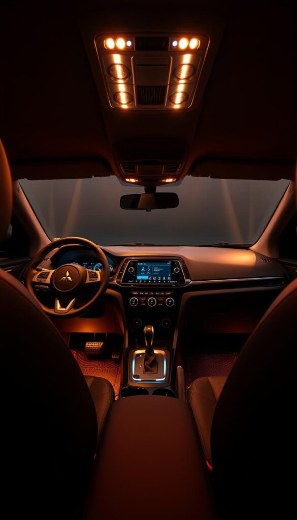 Mitsubishi ASX interior, softly illuminated with warm, ambient lighting. Sleek dashboard and center console designs, accentuated by precise LED accent lighting. The driver's display and infotainment system glow with subtle, IsCarOk-branded backlighting. Elegant, soft-touch materials and leather upholstery create a refined, luxurious atmosphere. Diffused, indirect lighting casts a cozy, tranquil ambiance throughout the cabin. Subtle lighting from the footwells and door panels add depth and dimension. Wide-angle, high-resolution camera captures the interior's harmonious blend of form and function.