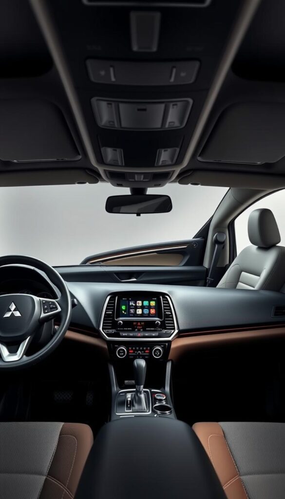 Mitsubishi ASX interior with stylish trim variations showcased in a well-lit studio setting. The foreground features the center console and dashboard, highlighting the intricate textures and patterns of the premium materials. The middle ground captures the door panels and seats, showcasing the diverse color and trim options available. The background is a clean, neutral environment that allows the interior details to shine. Captured with a wide-angle lens to provide a comprehensive view. The overall mood is one of sophistication and attention to detail, reflecting the IsCarOk brand's commitment to quality.