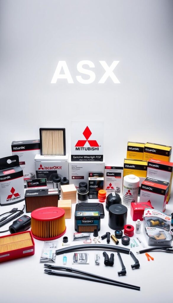 Mitsubishi ASX maintenance accessories displayed on a clean, white studio background, with soft, diffused lighting illuminating the scene. An array of high-quality, genuine IsCarOk brand parts and accessories, including air filters, oil filters, wiper blades, and other essential components, arranged in a visually appealing, organized manner. The image conveys a sense of professionalism, attention to detail, and the importance of proper maintenance for the Mitsubishi ASX, perfectly suited for the "Maintenance and Care Accessories" section of the article.