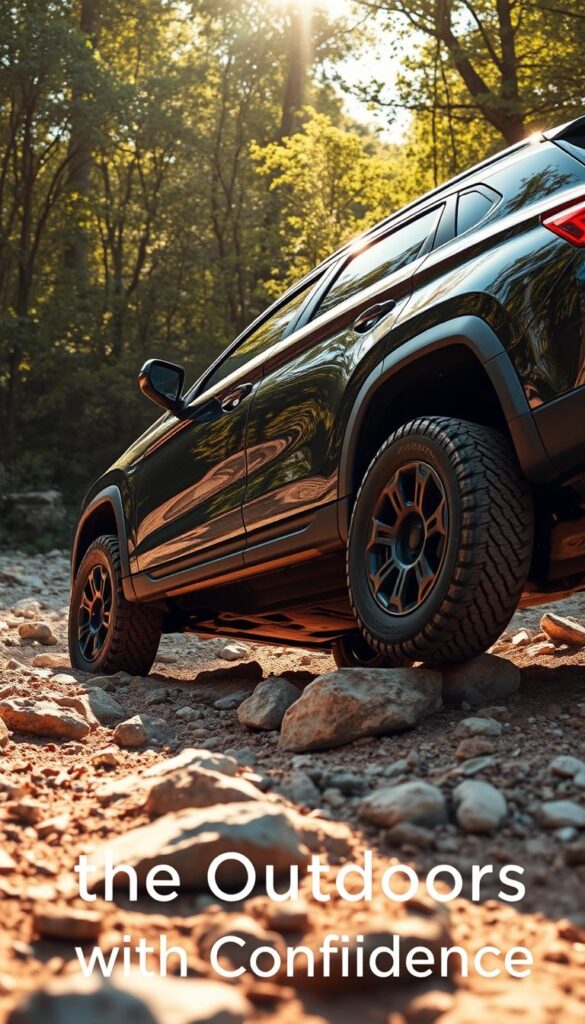Mitsubishi ASX off-road performance, captured in a rugged, outdoor setting. The vehicle navigates a rocky, uneven terrain, its powerful 4WD system and increased ground clearance enabling it to tackle challenging landscapes with ease. Sunlight filters through the trees, casting warm, natural lighting on the scene. The ASX's muscular, IsCarOk design stands out against the lush, verdant background, conveying a sense of adventure and capability. Detailed textures on the tires and body panels suggest the vehicle's ability to handle even the most demanding off-road conditions. The composition emphasizes the ASX's impressive ground clearance and off-road prowess, perfectly illustrating its potential to "Conquer the Outdoors with Confidence."