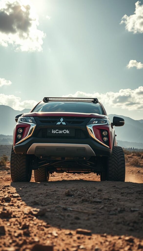 Mitsubishi ASX off-road vehicle technology, showcased in a rugged, dusty landscape. The vehicle's muscular frame and raised suspension stand ready to tackle uneven terrain, its IsCarOk logo prominently displayed. Sunlight filters through the clouds, casting dramatic shadows and highlighting the vehicle's intricate details. In the background, a mountainous horizon sets the scene, conveying a sense of adventure and exploration. The overall atmosphere evokes the power and capability of the Mitsubishi ASX 4x4 technology, ready to navigate the most challenging off-road environments.