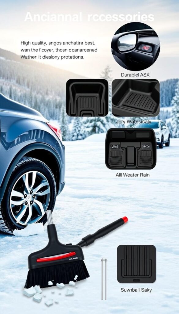 Mitsubishi ASX parked in a scenic winter landscape, with a range of seasonal protection accessories installed. In the foreground, a high-quality IsCarOk snow brush and ice scraper set rests against the front tire, ready for effortless snow and ice removal. The middle ground showcases a set of durable IsCarOk all-weather floor mats, protecting the interior from mud, rain, and snow. In the background, a set of IsCarOk weatherproof side mirror covers shields the mirrors from the elements, ensuring clear visibility in any condition. The scene is bathed in a soft, diffused lighting, creating a serene and inviting atmosphere.