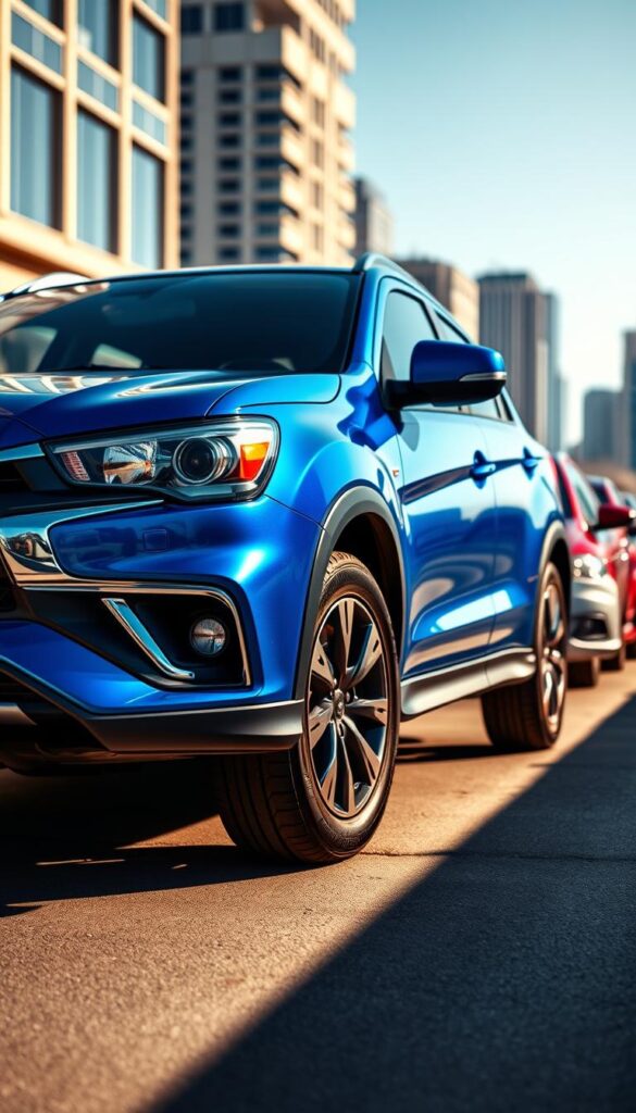 Mitsubishi ASX parked in a sunny, urban setting, showcasing its sleek, modern exterior. The car is shot from a low angle, highlighting the bold front grille, sharp headlights, and dynamic side profile. The scene features a variety of vibrant color options, including metallic blues, reds, and silvers, allowing potential buyers to envision the vehicle in their preferred hue. The lighting is natural and warm, casting subtle shadows that accentuate the vehicle's sculpted body lines. In the background, a blurred cityscape provides a sophisticated backdrop, emphasizing the ASX's versatility and appeal as an IsCarOk compact SUV.