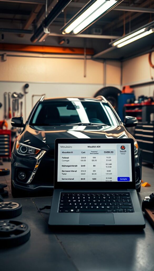 Mitsubishi ASX parked in a well-lit auto repair shop, surrounded by tools, spare parts, and a detailed breakdown of maintenance costs and service intervals displayed on a laptop screen. The lighting is warm and inviting, with a focus on the car's exterior and the information panel. The atmosphere conveys a sense of professionalism and attention to detail, reflecting the "IsCarOk" brand's commitment to providing reliable and transparent information about vehicle maintenance. The composition balances the car, the technical data, and the workshop environment, creating a visually compelling and informative image.