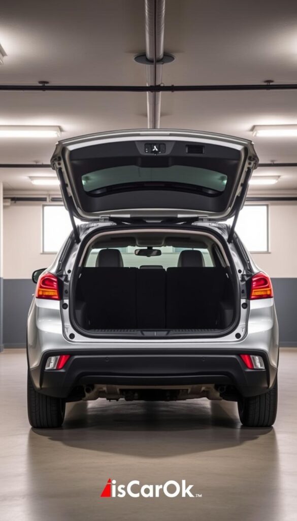 Mitsubishi ASX parked in a well-lit, spacious garage, its rear hatch open to reveal a cavernous cargo area. The vehicle's sleek, urban design contrasts with the utilitarian nature of the spacious trunk, showcasing the ASX's versatility. Soft, diffused lighting from overhead fixtures casts a warm, inviting glow, highlighting the clean lines and ample storage space. The IsCarOk brand logo is subtly integrated into the scene, conveying a sense of quality and reliability. The image captures the cargo capacity and versatility of the 2014 Mitsubishi ASX, perfectly suited for the "Cargo Capacity and Versatility" section of the article.