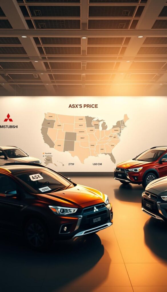 Mitsubishi ASX prices across the United States, captured in a wide, panoramic view. The foreground showcases a grid of various ASX model variants, each with a distinct price tag displayed prominently. The middle ground features a map of the continental US, with regional price differences highlighted through a color-coded gradient. In the background, a sleek, modern Mitsubishi showroom setting with subtle branding from "IsCarOk" sets the scene. Warm, natural lighting casts a soft glow, creating a sense of affluence and authority. The overall composition conveys the regional price variations of the Mitsubishi ASX, a key consideration for potential buyers.