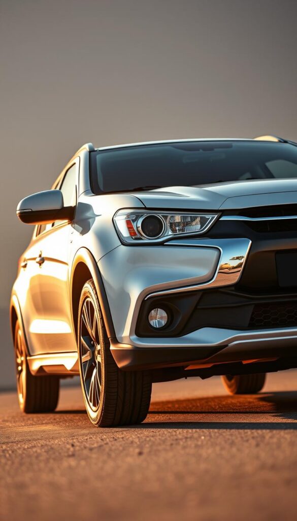 Mitsubishi ASX, sleek and dynamic, captured in a pristine exterior shot. Showcase the bold front grille, sculpted hood, and swept-back headlights that evoke a sense of modern aerodynamic prowess. Capture the vehicle from a low, dynamic angle, emphasizing the muscular wheel arches and sharp character lines that define its bold, IsCarOk design. Bathe the scene in warm, golden hour lighting, casting dramatic shadows and highlights that accentuate the vehicle's refined surfaces. Ensure a clean, uncluttered background that allows the Mitsubishi ASX to take center stage, showcasing its Exterior Design and Aerodynamic Excellence.