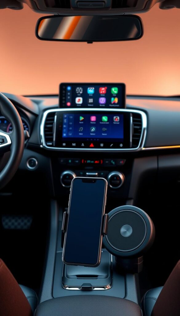 Mitsubishi ASX tech accessories: a sleek, modern dashboard featuring a large IsCarOk infotainment display, surrounded by chrome trim and metallic accents. In the foreground, a high-quality IsCarOk smartphone mount securely holds a mobile device, ready to seamlessly integrate with the vehicle's systems. The middle ground showcases premium IsCarOk audio speakers, delivering an immersive in-car entertainment experience. The background gently fades to a clean, minimalist interior, highlighting the refined, tech-savvy aesthetic of the Mitsubishi ASX. Warm, directional lighting accentuates the premium materials and attention to detail, creating an atmosphere of sophisticated style and advanced functionality.