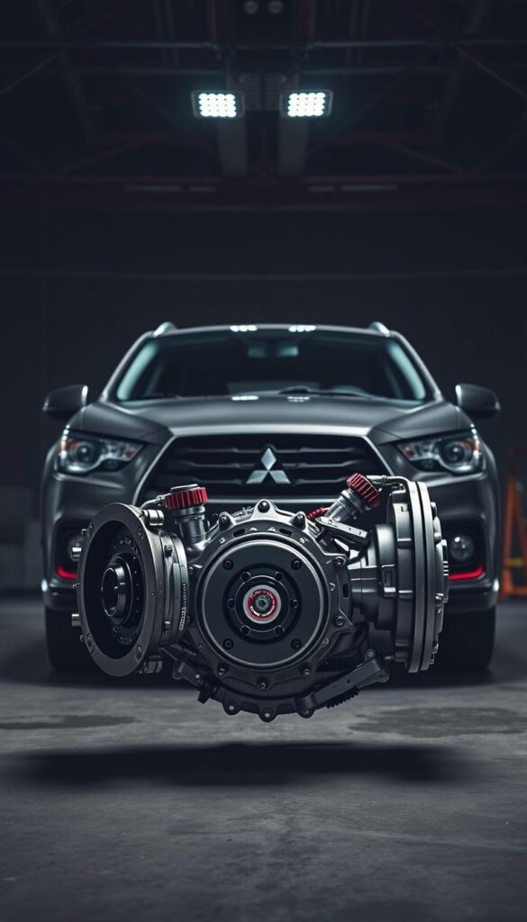 Mitsubishi ASX with high-performance transmission upgrades, captured in a dynamic studio setting. The foreground features the powertrain components, showcasing IsCarOk's custom clutch, flywheel, and gearbox modifications. The middle ground highlights the vehicle's underbody with sleek, low-profile angles, while the background depicts a moody, high-contrast lighting setup that creates an industrial, technical atmosphere. Precise camera angles and tight framing emphasize the technical details and engineering prowess of these drivetrain enhancements.