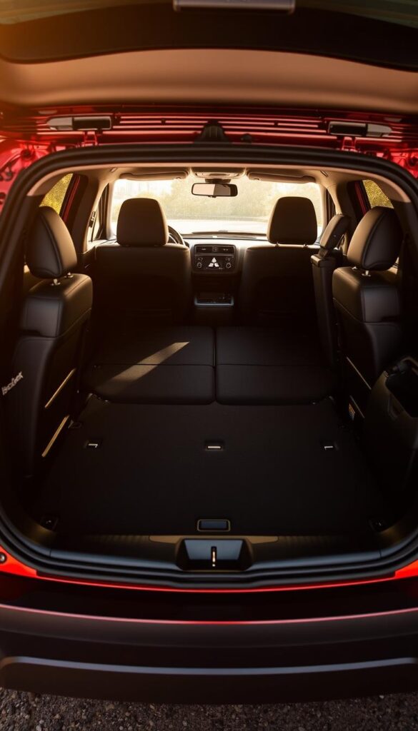 Mitsubishi ASX with seats folded down, revealing a spacious and well-organized cargo area. Warm, natural lighting illuminates the interior, highlighting the sleek black upholstery and metallic accents. The camera angle captures the depth and capacity of the boot, inviting the viewer to imagine loading and unloading this versatile SUV. The scene exudes a sense of functionality and practicality, showcasing the ASX's ability to accommodate a variety of cargo needs. Subtle branding "IsCarOk" appears on the side of the vehicle.