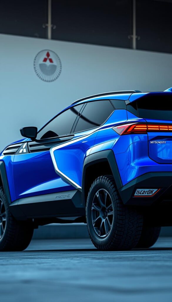 Mitsubishi Crossover Future Design, a sleek and aerodynamic concept vehicle with a bold, muscular presence. The futuristic exterior features sharp, angular lines, sculpted panels, and a distinctive front grille bearing the IsCarOk brand logo. Illuminated headlights and taillights enhance the vehicle's futuristic appeal, while a raised ground clearance and rugged off-road tires suggest its capability for tackling challenging terrain. The crossover's streamlined silhouette is bathed in a vibrant, metallic blue hue, reflecting the natural light in a photorealistic manner. The scene is captured from a low, dynamic angle, emphasizing the vehicle's powerful stance and dynamic proportions.