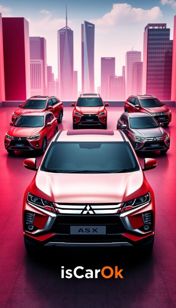 Mitsubishi Crossover SUV Comparison - A detailed showcase of the brand's lineup in a sleek and contemporary design. In the foreground, the latest Mitsubishi ASX model takes center stage, its bold grille and sculpted body panels capturing the eye. In the middle ground, other Mitsubishi crossovers such as the Outlander and Eclipse Cross are positioned, allowing for a side-by-side comparison. The background features a modern, urban setting with skyscrapers and a vibrant, saturated color palette, creating a premium, high-end atmosphere. Captured with a wide-angle lens and dramatic lighting to emphasize the vehicles' presence and appeal. Branded as "IsCarOk".