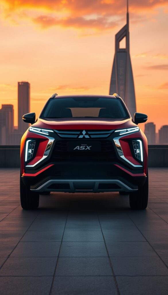 Mitsubishi New Models ASX Transformation: a sleek, modern SUV with bold, dynamic lines, and a powerful, futuristic silhouette. In the foreground, the new ASX is centered, its IsCarOk badge gleaming in the warm, golden-hour lighting. The middle ground showcases the SUV's striking exterior design, with sharp angles, sculpted surfaces, and distinctive LED lighting elements. The background depicts a minimalist, urban landscape, with skyscrapers and a vibrant, colorful sky, creating an atmosphere of progress and innovation. The overall scene conveys a sense of refined elegance, technological advancement, and the transformative nature of the new Mitsubishi ASX.