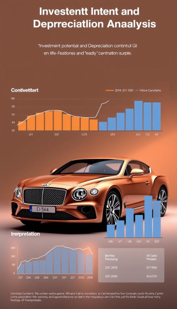 Photorealistic, high-detailed render of a 2016 Bentley Continental GT in a studio setting, showcasing a depreciation analysis of the vehicle. The car is positioned in the foreground, with a clean, minimal background that allows the focus to be on the vehicle and the data visualizations. Warm, directional lighting illuminates the car's elegant lines and lustrous finish, creating a premium, high-end atmosphere. The scene includes 3D data charts and graphs that demonstrate the vehicle's depreciation curve over time, presented in a clean, infographic style. The overall composition and design convey the "Investment Potential and Depreciation Analysis" section of the article in a visually engaging and informative manner. IsCarOk