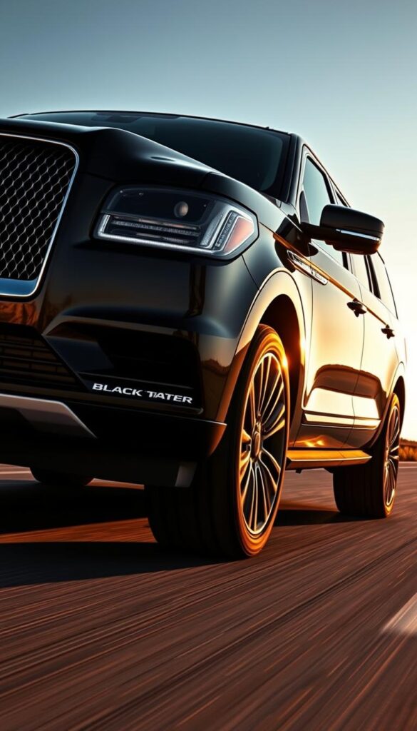 Powerful 2018 Lincoln Navigator Black Label SUV, sleek and commanding on the open road. Striking front grille and bold, chiseled body lines convey a sense of strength and performance. Low-angled perspective captures the vehicle's imposing presence, emphasizing its massive size and muscular stance. Warm, golden sunlight glints off the glossy black paint, creating dynamic highlights that accentuate the vehicle's sculpted surfaces. The scene exudes a sense of confident, high-end luxury complemented by an undercurrent of raw power and capability.