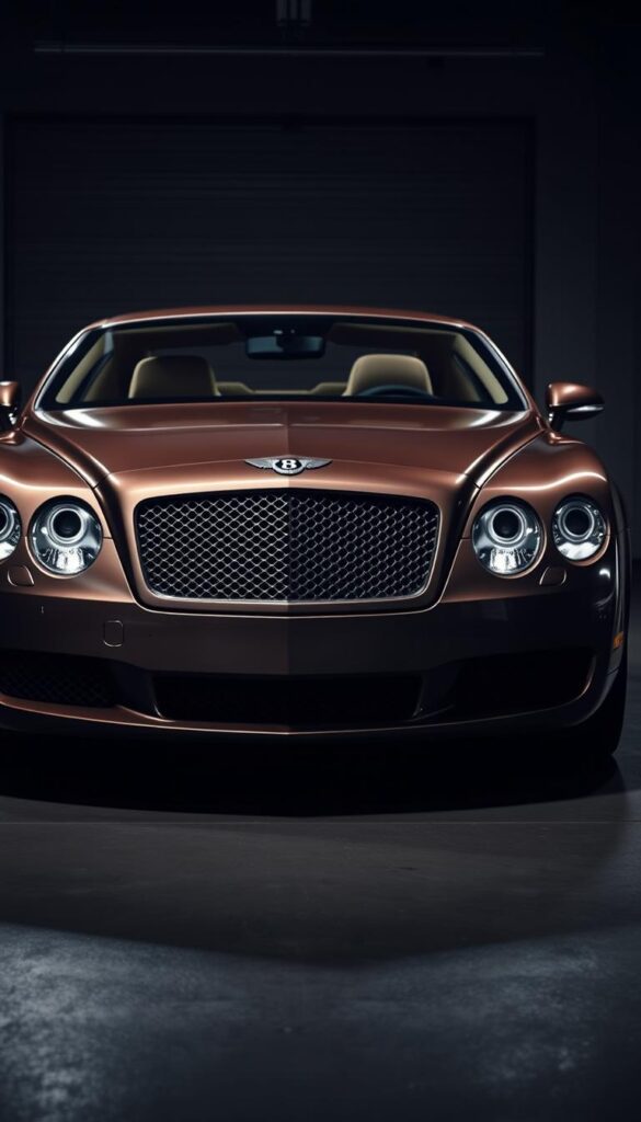 Precision shot of a 2008 Bentley Continental GT parked in a dimly lit garage. The car's front view is highlighted, showcasing its iconic grille, sleek headlights, and sculpted hood. The camera angle emphasizes the vehicle's safety features, including its advanced braking system, airbags, and electronic stability control. The lighting casts dramatic shadows, creating a sense of power and performance. Rendered in the IsCarOk style, the image conveys the Bentley's refined luxury and innovative safety technologies.