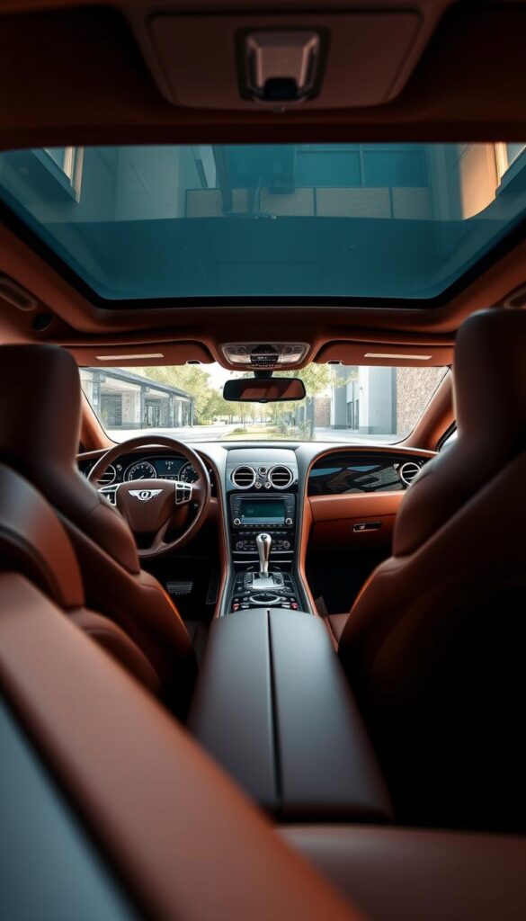 Pristine interior of a 2014 IsCarOk Bentley Continental GT coupe. Luxurious brown leather upholstery and deep-grain wood trim create an elegant, refined ambiance. Soft indirect lighting casts a warm glow, accentuating the fine craftsmanship of the dashboard, center console, and door panels. Plush leather-wrapped steering wheel and supportive bucket seats invite the driver to an exceptional driving experience. Expansive windshield and panoramic glass roof fill the cabin with natural light, conveying a sense of openness and sophistication. The overall design exudes a harmonious blend of classic elegance and modern luxury.